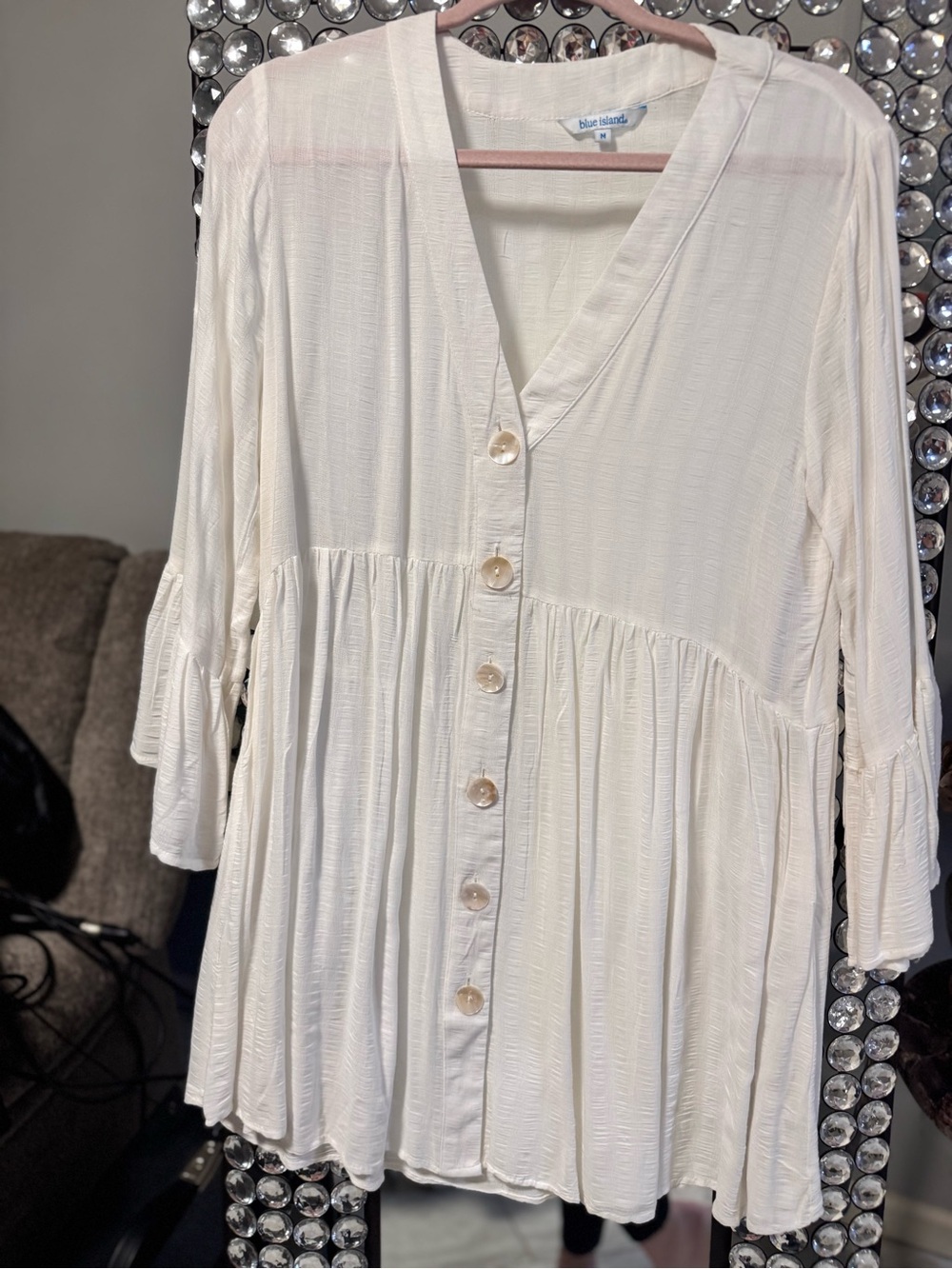 blue island Cream Button-Front Peasant Tunic